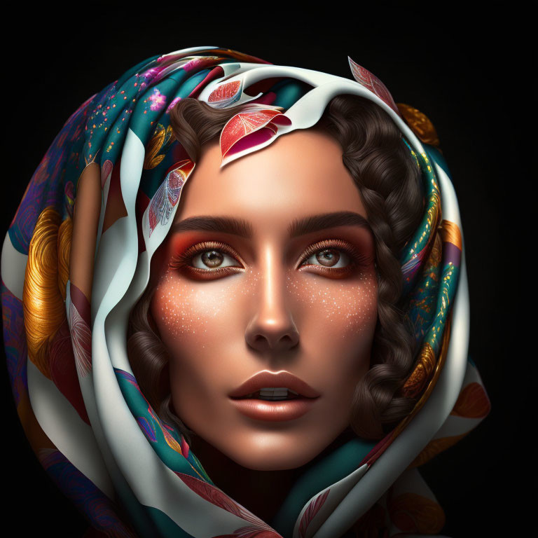 Colorful Headscarf and Sparkling Freckles in Woman's Portrait