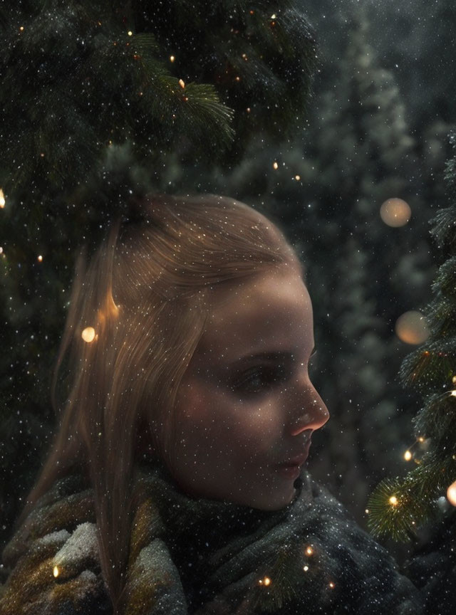 Blonde person in warm scarf gazes at snowfall and twinkling lights