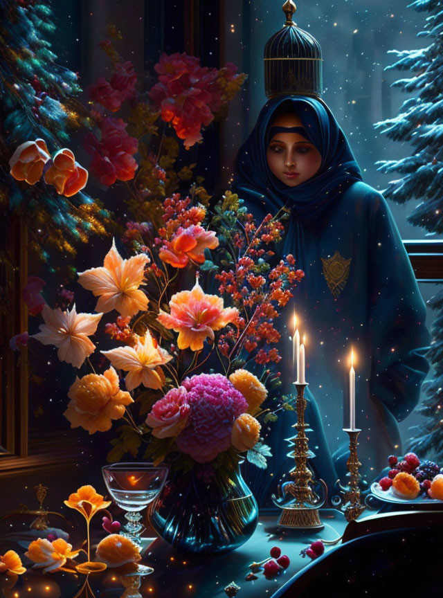 Person in Blue Hijab with Lantern, Bouquet, and Candles in Snowy Night Scene