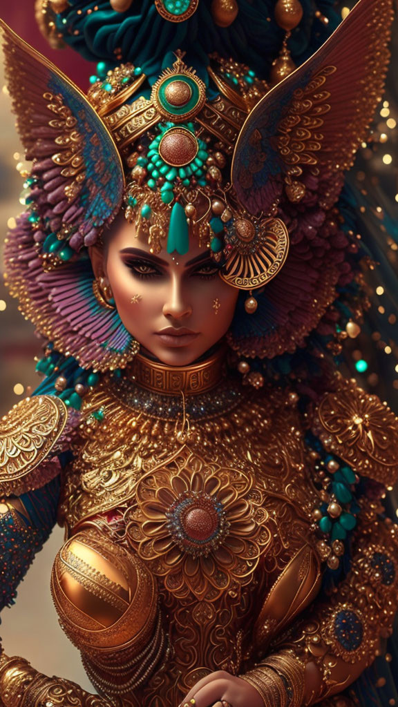 Detailed digital art of person in ornate gold-and-blue armor with winged helmet and elegant jewelry.