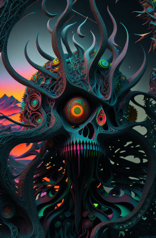 Surreal vibrant artwork of alien-like structure with tentacles and eyes against mountainous backdrop