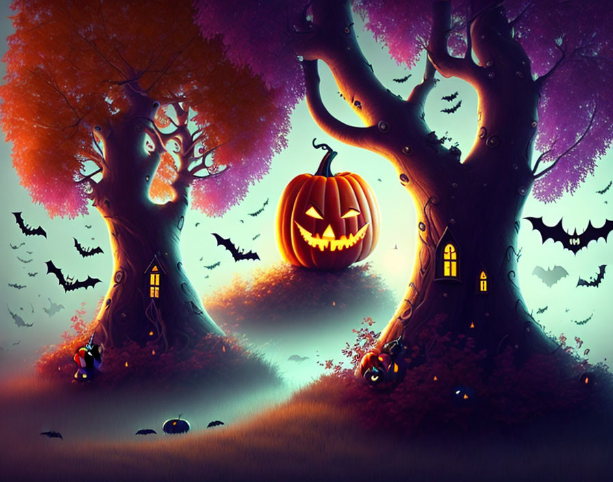 Whimsical Halloween scene with spooky trees, jack-o'-lantern, bats, and small houses