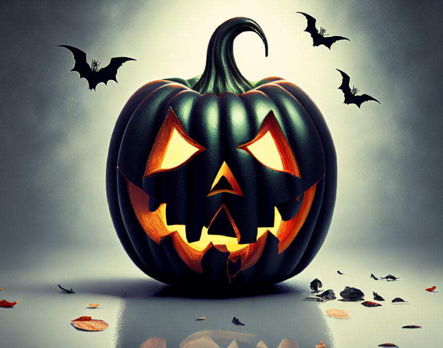 Spooky jack-o'-lantern with bats and autumn leaves on misty gray background