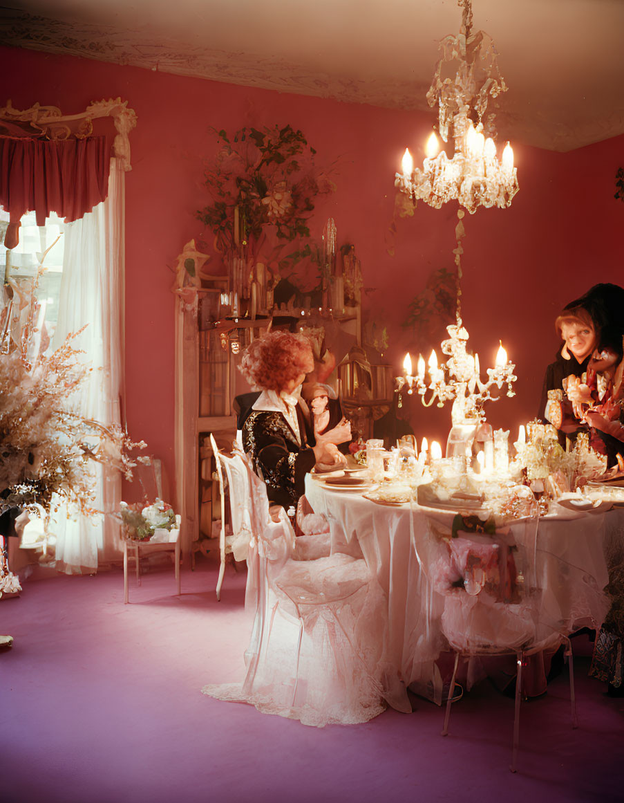 Opulent pink dining room with chandelier and elegantly dressed guests