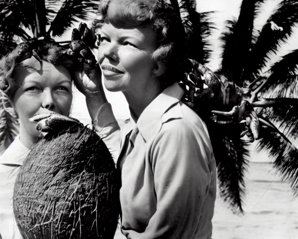 Women on beach holding sea creatures near faces.