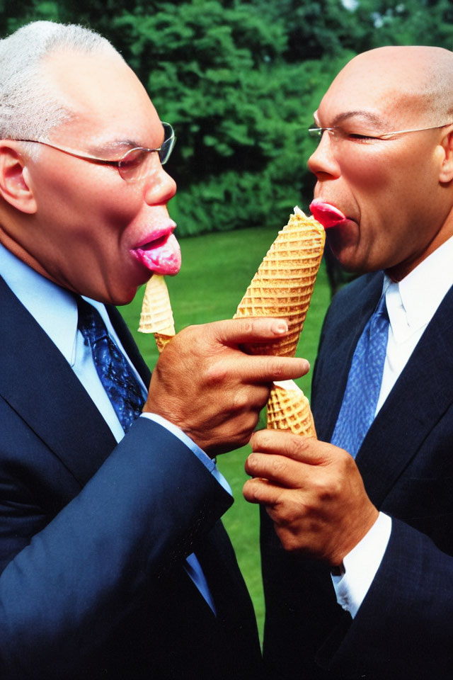 Men in business suits with tongues out and ice cream cones touching.