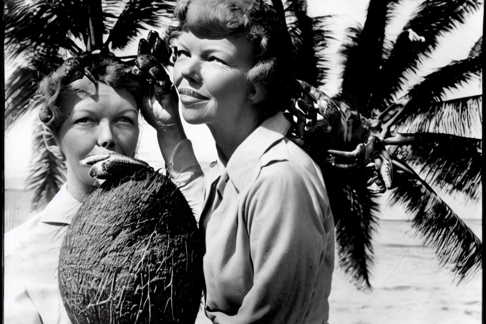 Women on beach holding sea creatures near faces.