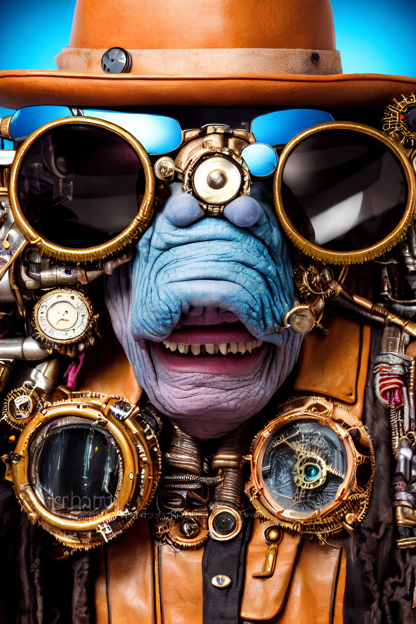 Steampunk character with multiple goggles and top hat under blue sky