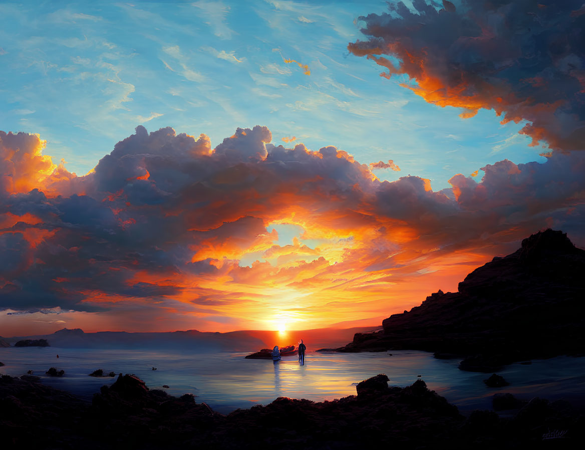 Tranquil sunset scene with vibrant clouds over calm sea and small boat.