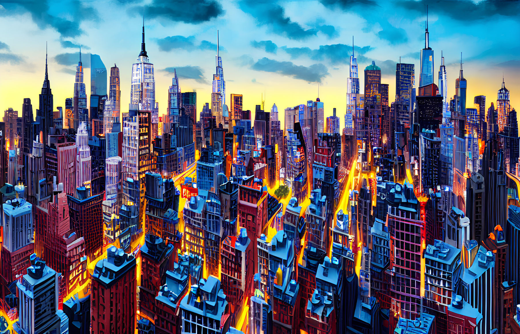 Stylized cityscape at sunset with exaggerated skyscrapers