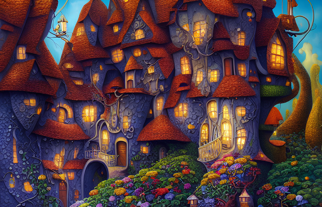 Whimsical fantasy illustration of glowing stone house in lush garden