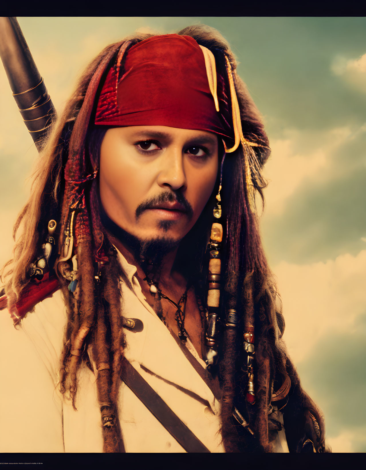 Pirate costume with red headband, dreadlocks, beads, and mustache against cloudy sky