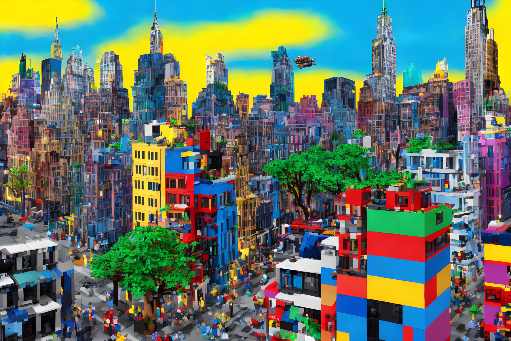 Vibrant cityscape with colorful buildings and busy streets