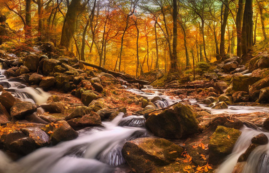 Tranquil Autumn Forest Stream with Vibrant Leaves