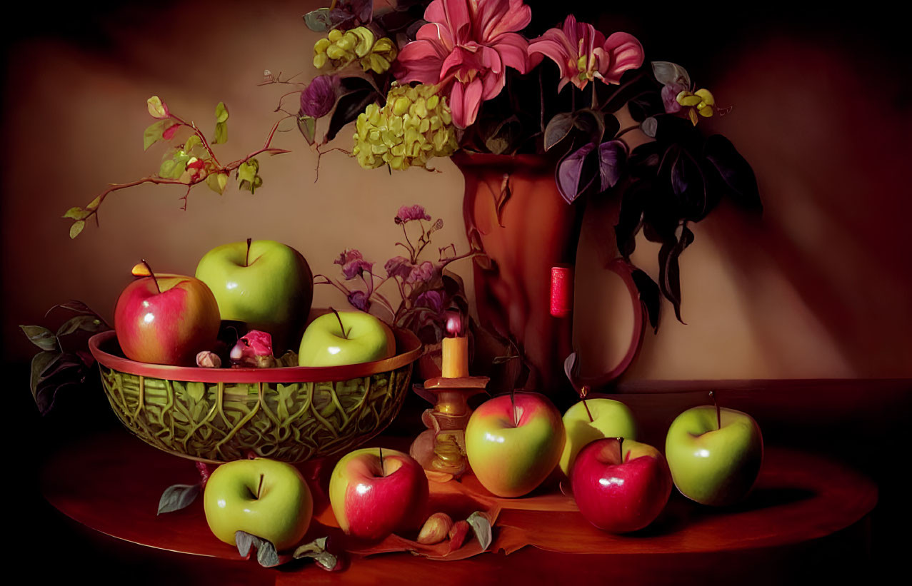 Ripe Green and Red Apples in Woven Basket with Flowers on Wooden Table