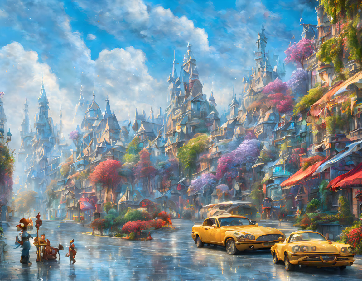 Colorful Fantasy Cityscape with Whimsical Architecture and Vintage Cars