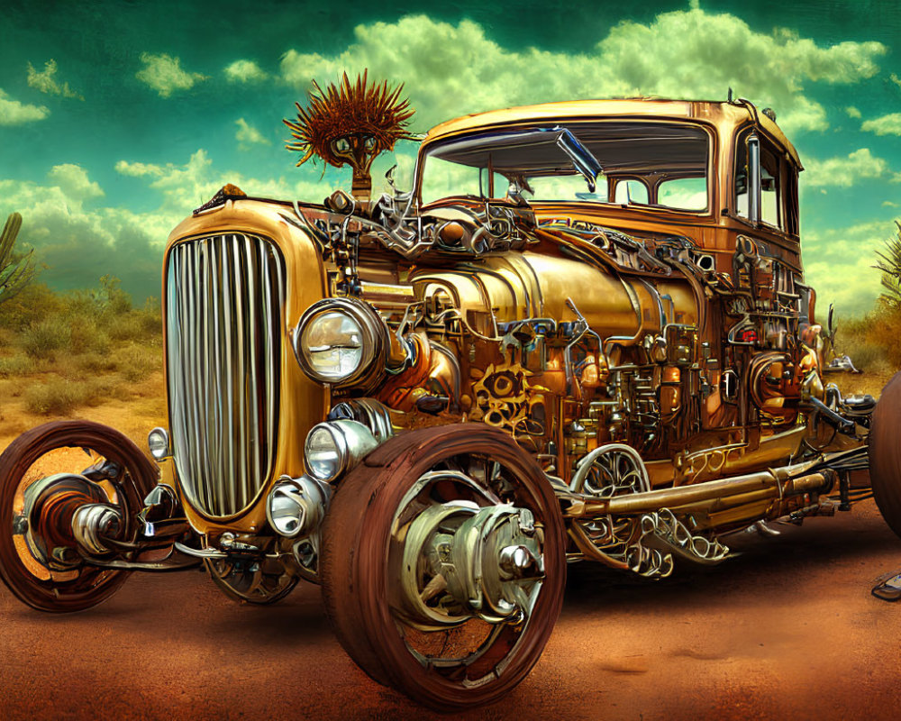 Detailed Steampunk Car Illustration in Desert Setting