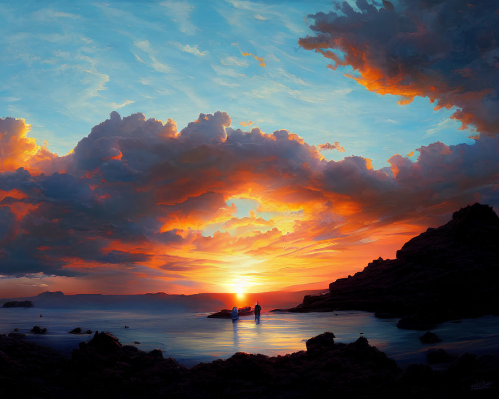 Tranquil sunset scene with vibrant clouds over calm sea and small boat.