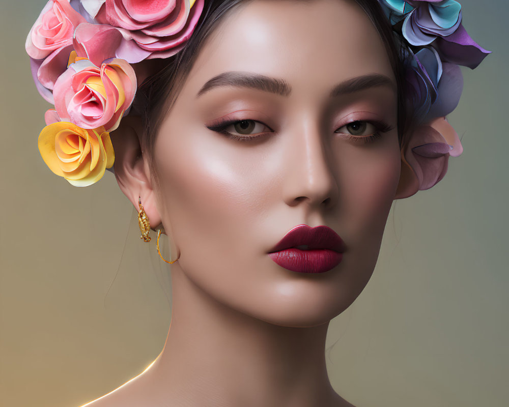 Woman with Floral Headpiece and Serene Expression on Neutral Background