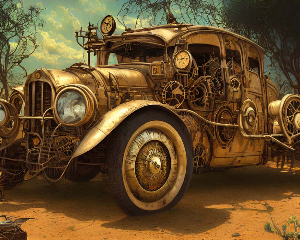 Intricately designed steampunk-style vehicle in desert setting