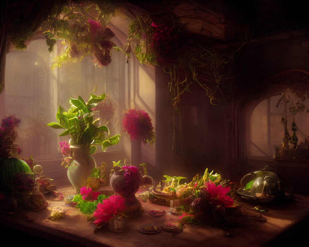 Vibrant flowers and lush greenery in cozy still-life scene