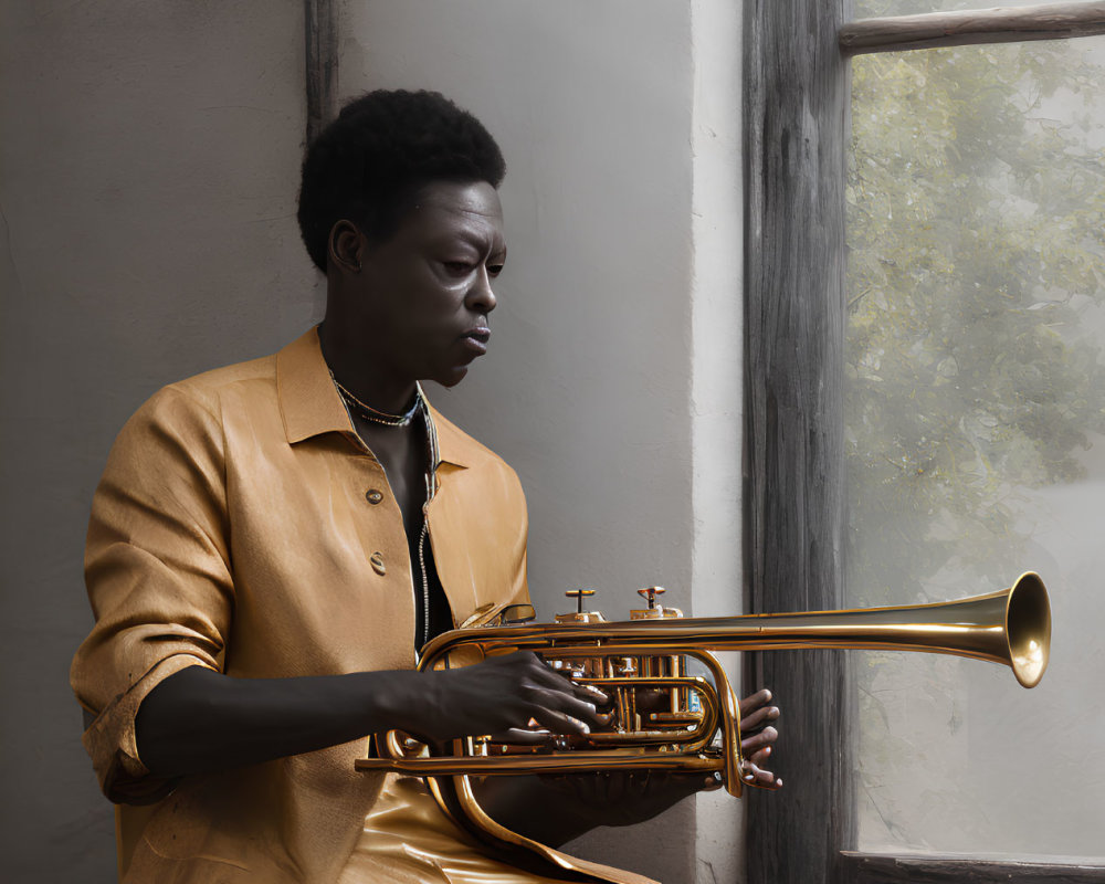 Golden-suited musician plays trumpet by window in soft daylight