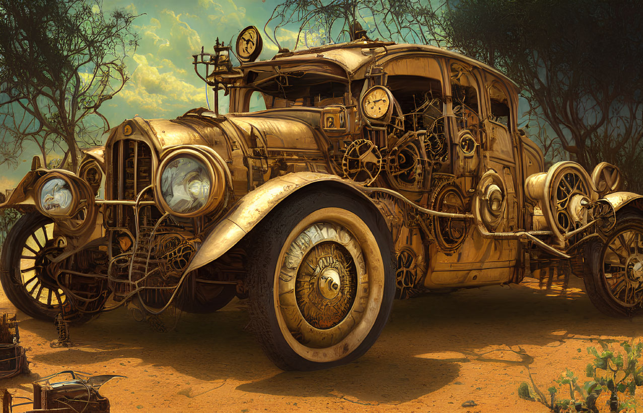 Intricately designed steampunk-style vehicle in desert setting