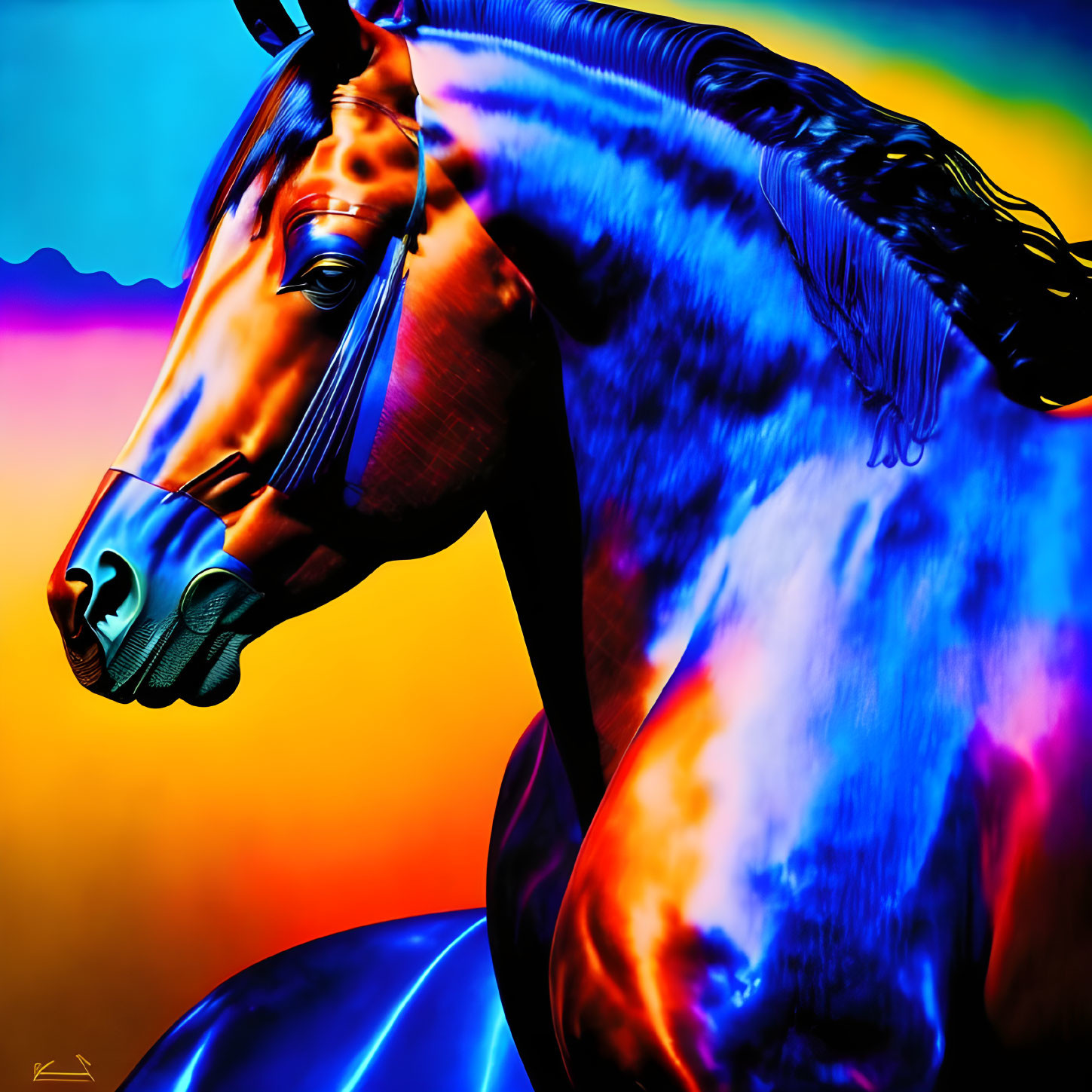 Colorful Rainbow Horse Art with Blue Mane