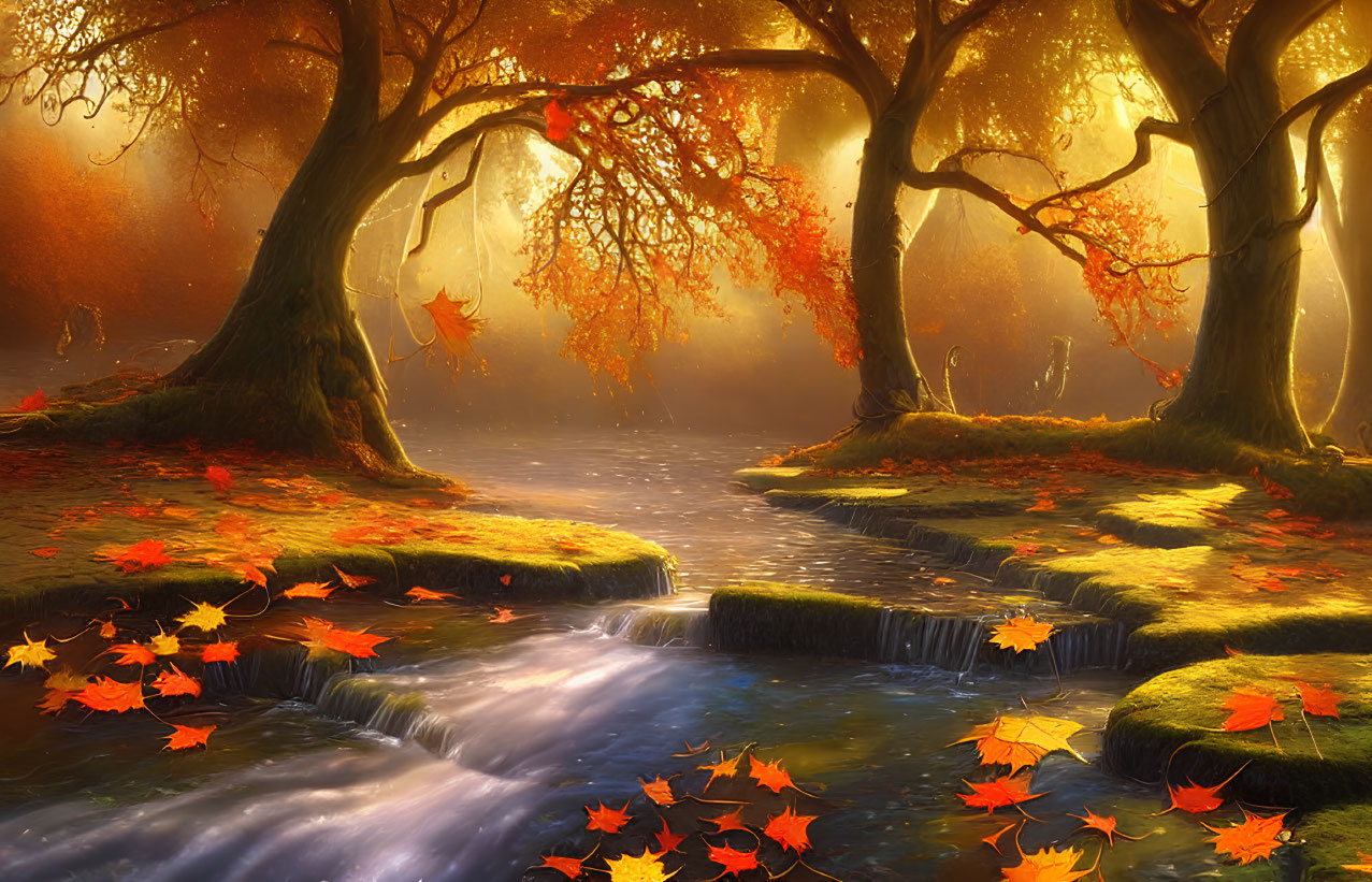 Enchanted autumn scene with golden foliage, serene stream, moss-covered rocks, fallen leaves