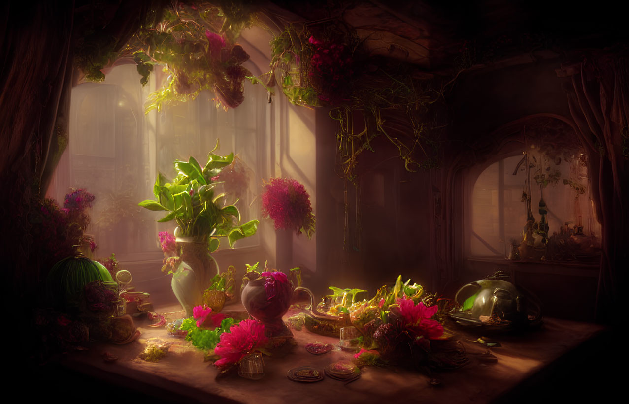 Vibrant flowers and lush greenery in cozy still-life scene