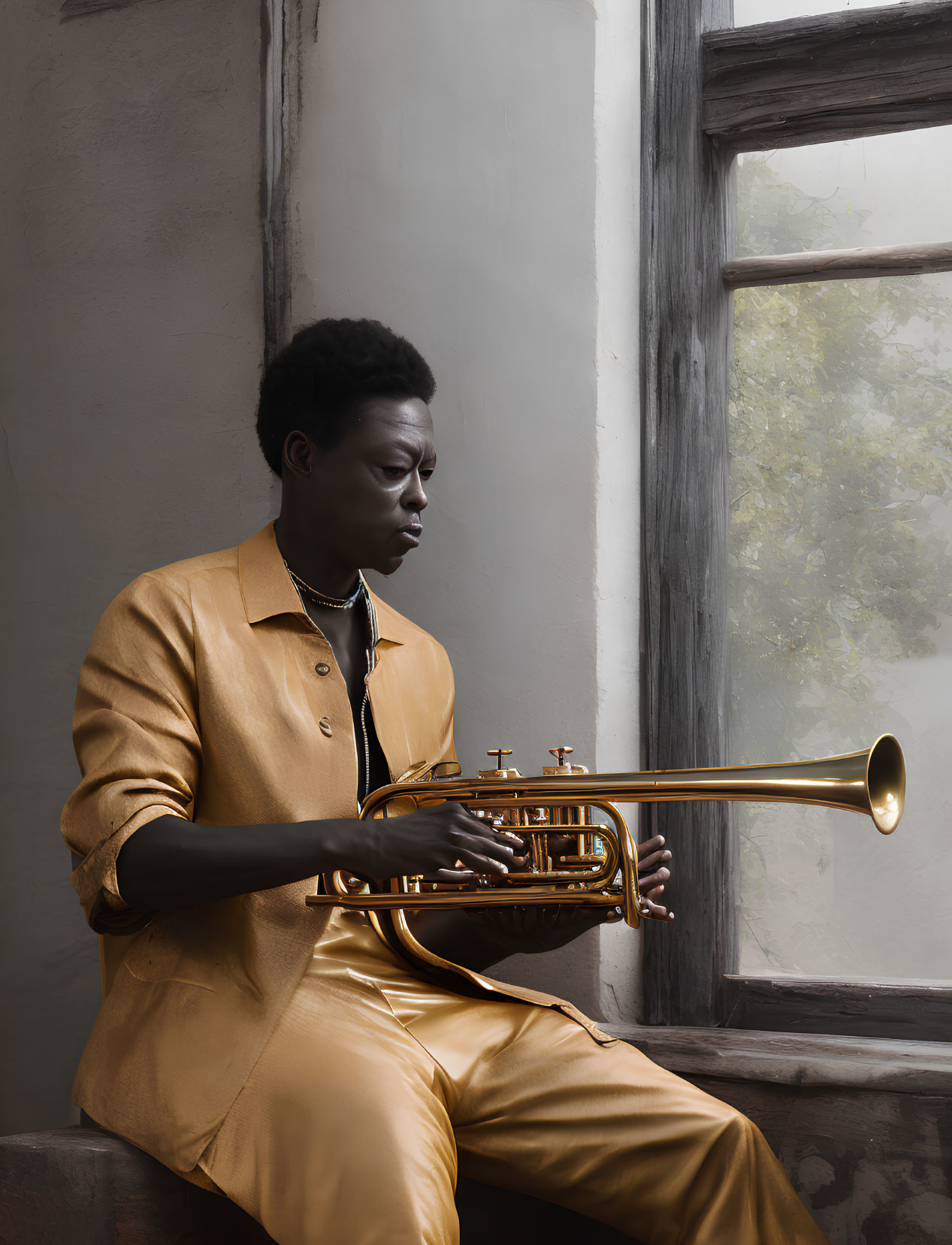 Golden-suited musician plays trumpet by window in soft daylight