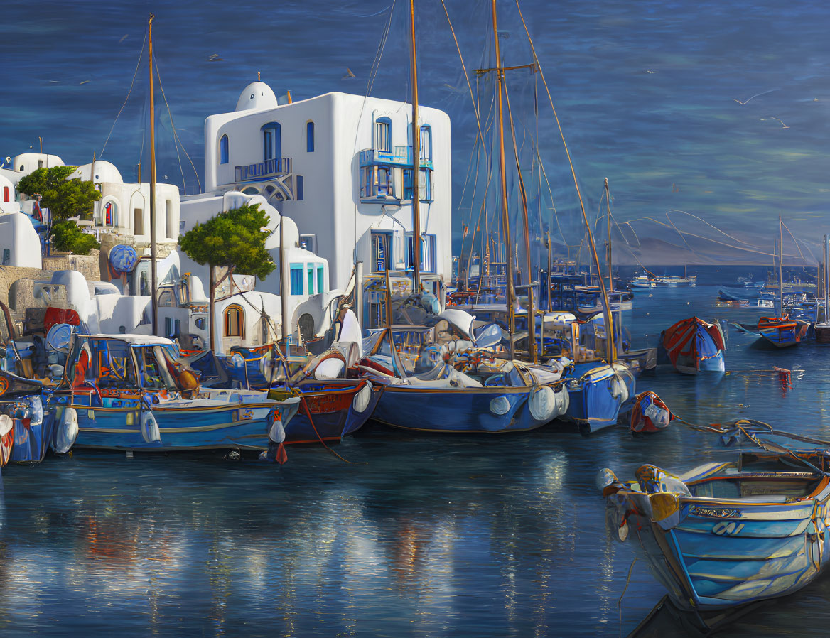 Tranquil harbor scene with colorful boats and white buildings reflected in serene blue sea