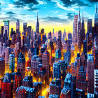 Stylized cityscape at sunset with exaggerated skyscrapers