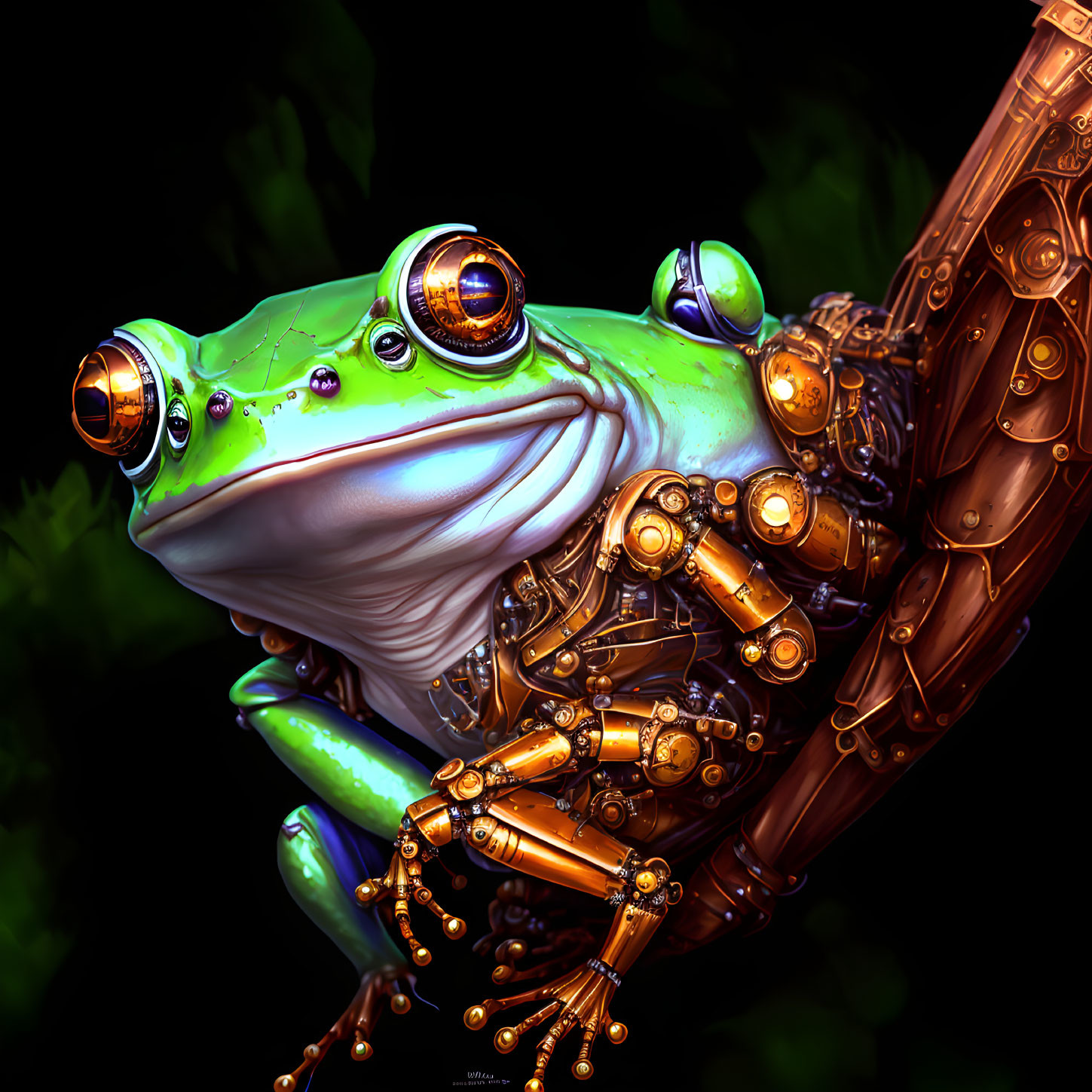 Biomechanical frog art with vibrant green colors on dark background