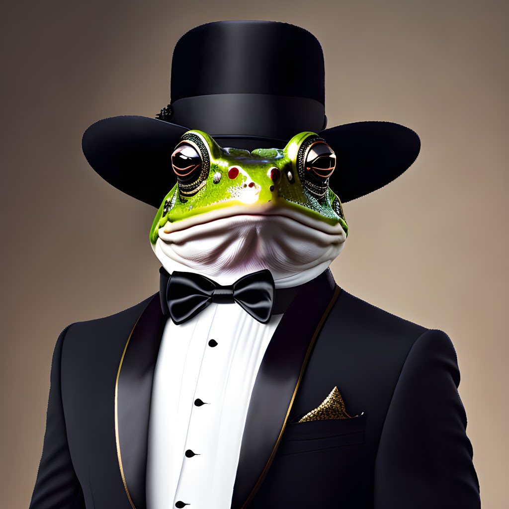 Digitally created frog with human eyes in tuxedo and top hat on beige background