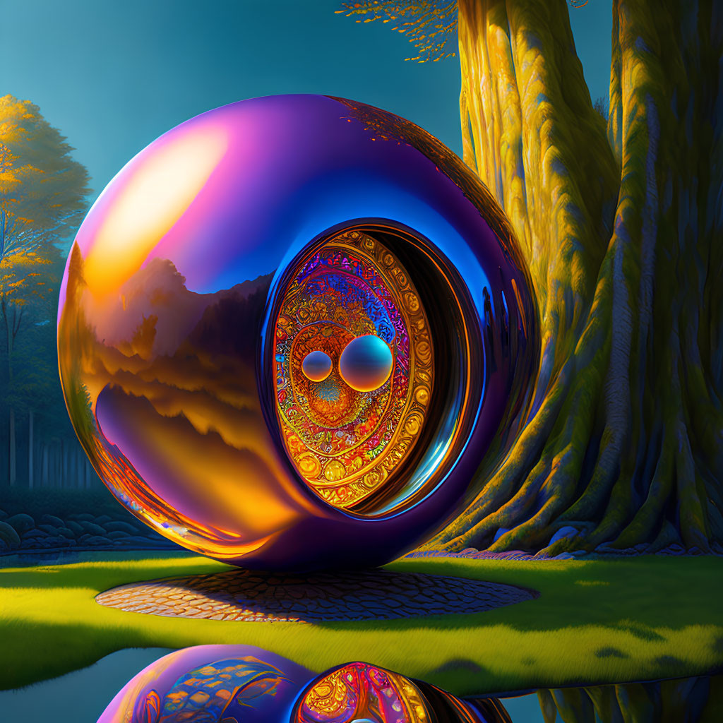 Colorful Forest Landscape with Reflective Orb and Intricate Patterns