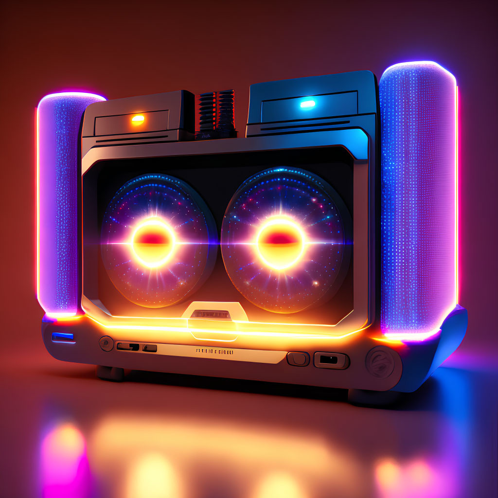 Colorful neon-lit boombox emits glowing patterns on warm backdrop