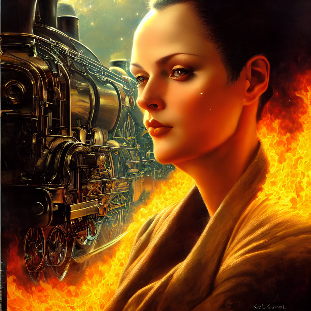 Surreal digital artwork: Woman's face merged with steam locomotive in fiery ambiance