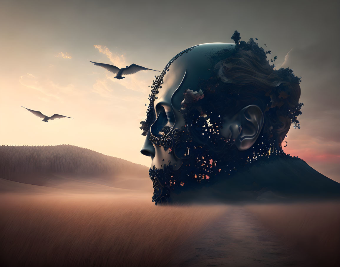 Surreal landscape: skull melding into hill with mechanical parts, nature, birds at dusk