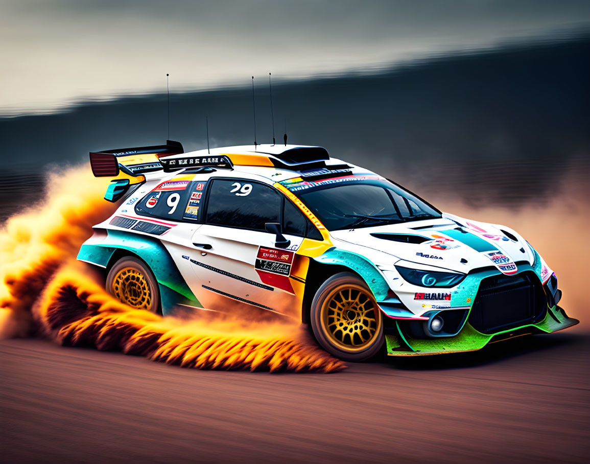 Rally car kicking up dust with flames from exhaust