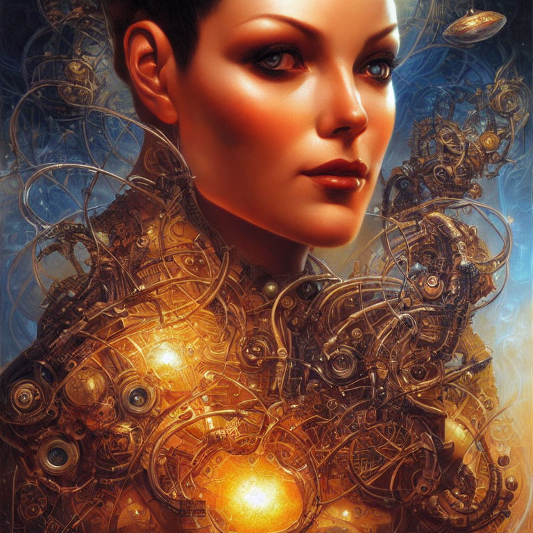 Futuristic digital artwork of woman with cybernetic enhancements