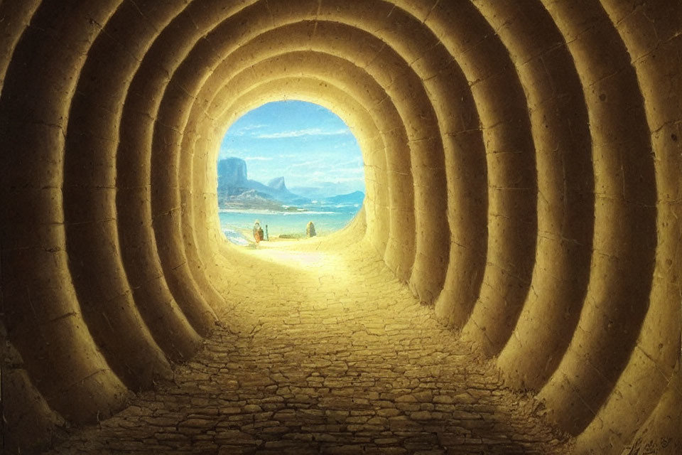 Tunnel opening onto beach with two figures walking towards sunlight