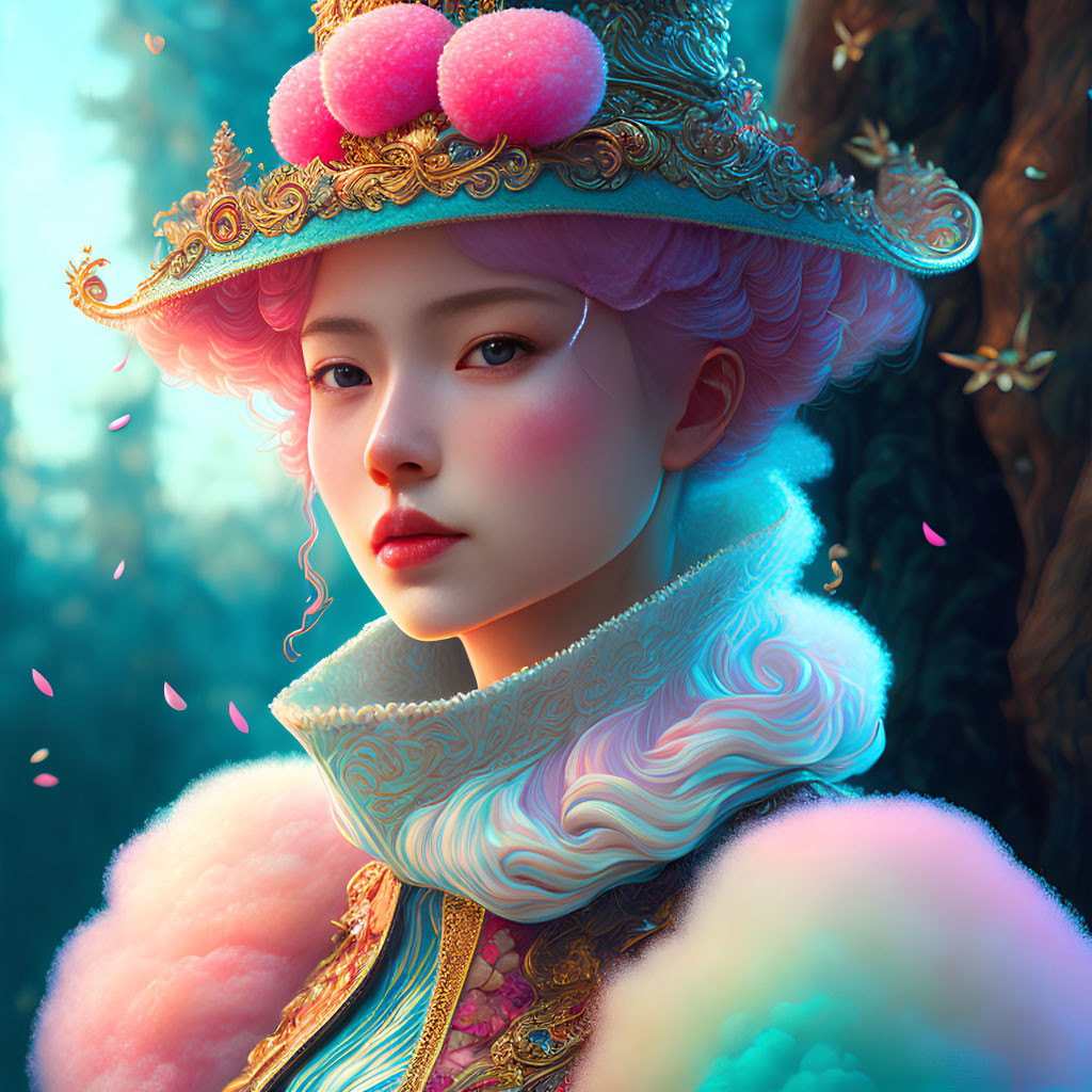 Woman in ornate hat and pastel hair in mystical forest portrait