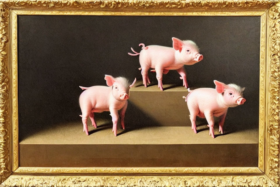 Framed painting of three pink pigs in ornate golden frame