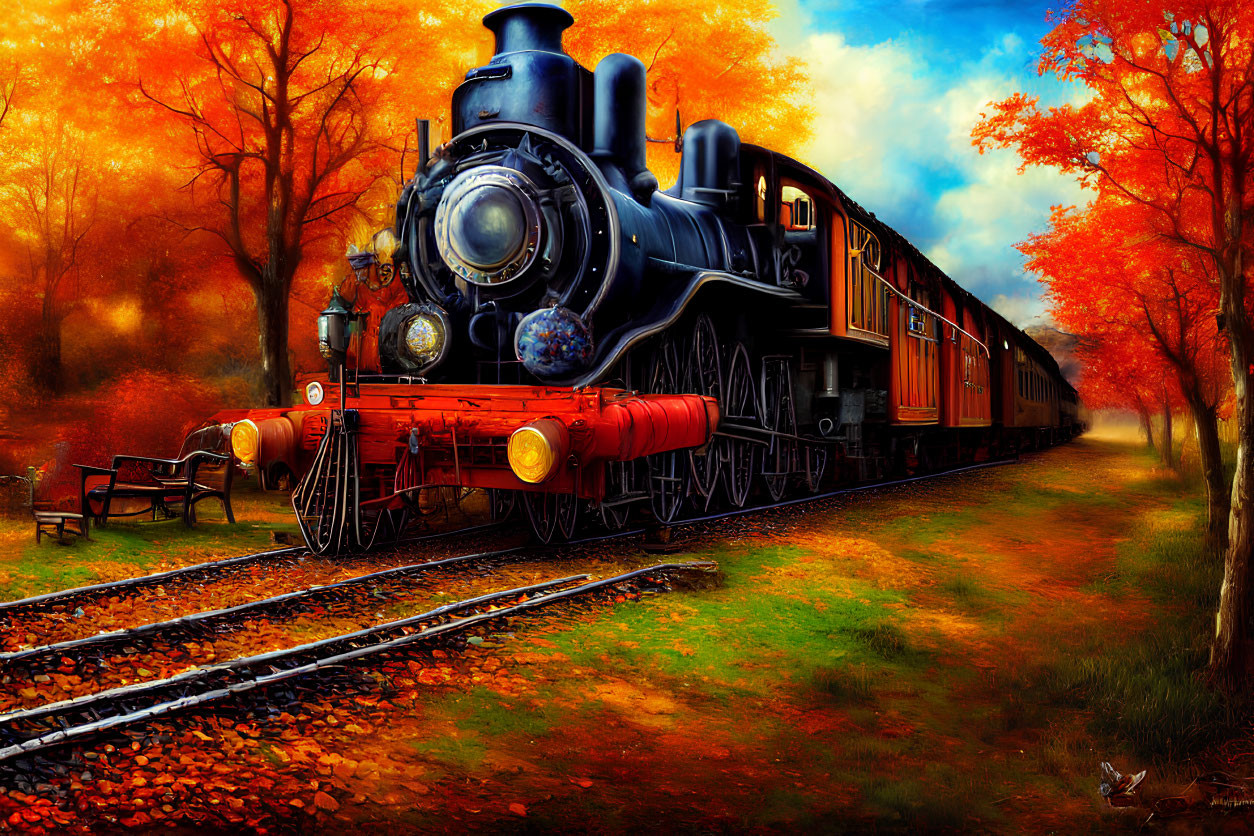 Vintage Steam Locomotive Pulls Red Passenger Cars Through Vibrant Autumn Forest