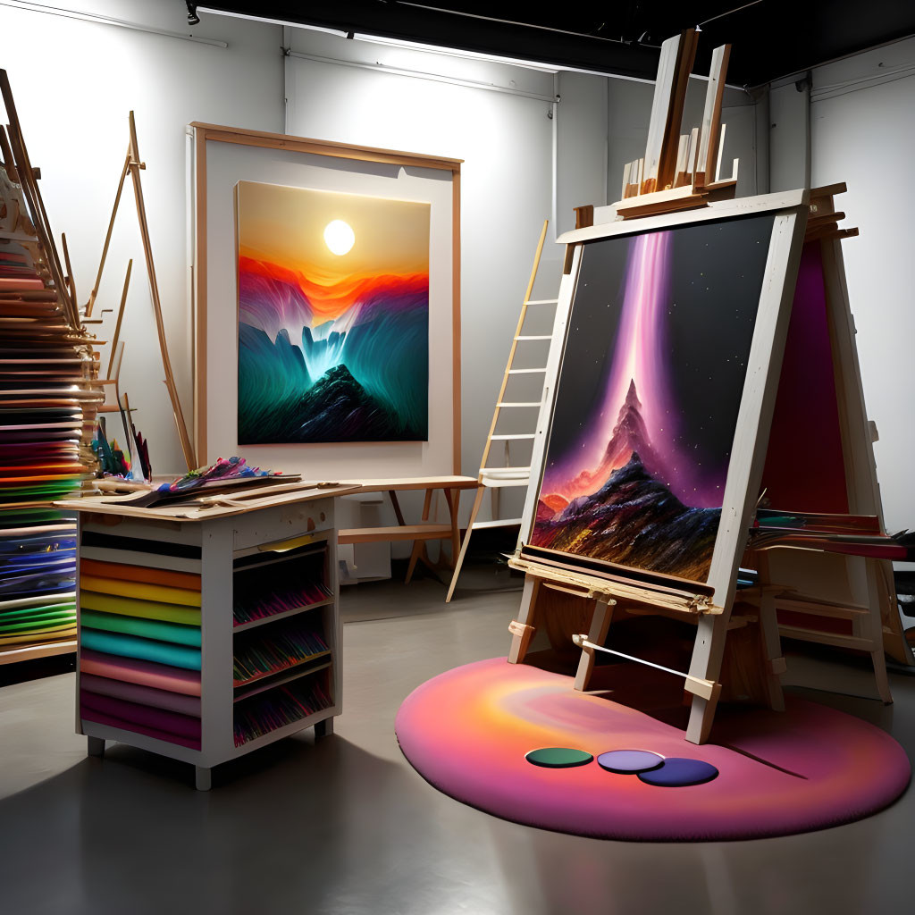Vibrant landscape paintings, colorful palettes, and art supplies in studio