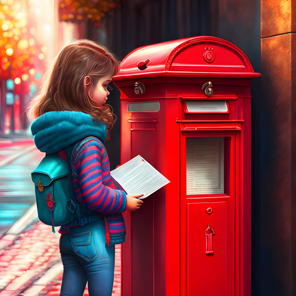 Young girl in blue jacket reading letter by red postbox on sunlit autumn street