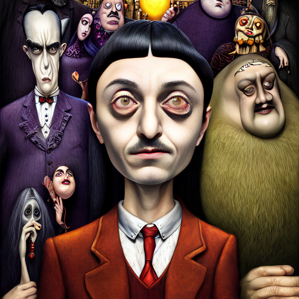 Eccentric Gothic Characters in Exaggerated Caricature Portrait