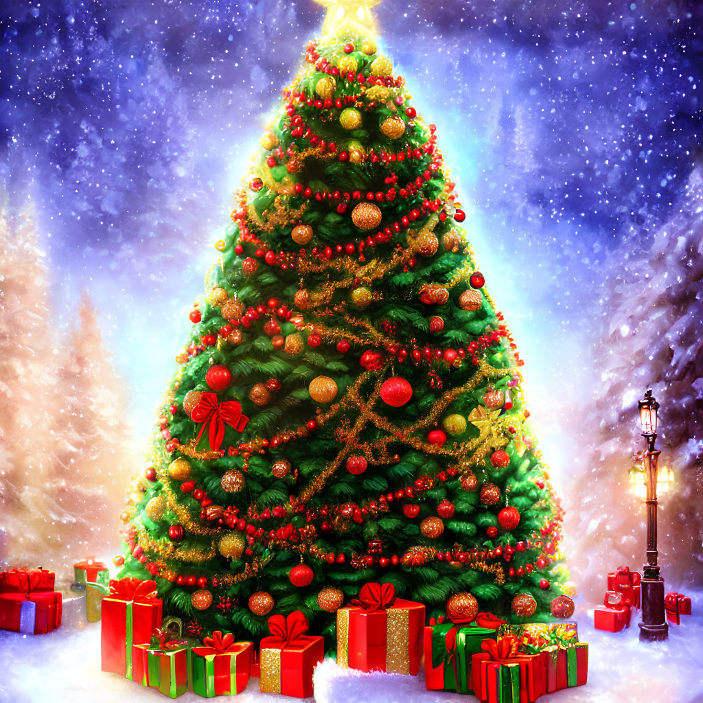 Vibrant Christmas tree with presents, star topper, in snowy night scene