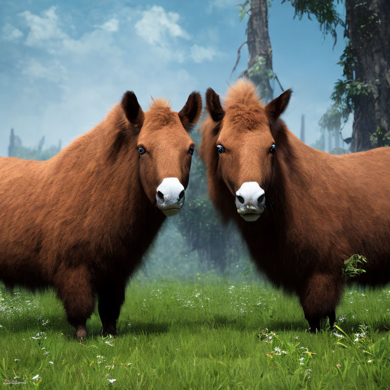 Fluffy chestnut horses in sunny meadow with trees and blue sky